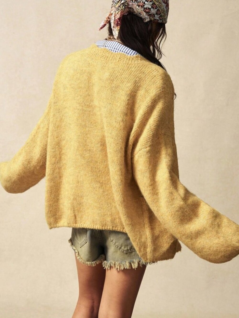 Golden Yellow Knit Cardigan, Loose V-Neck Button Front - Picture 7 of 8